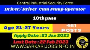 CISF Constable Driver DCPO Online Form 2023 For 451 Posts