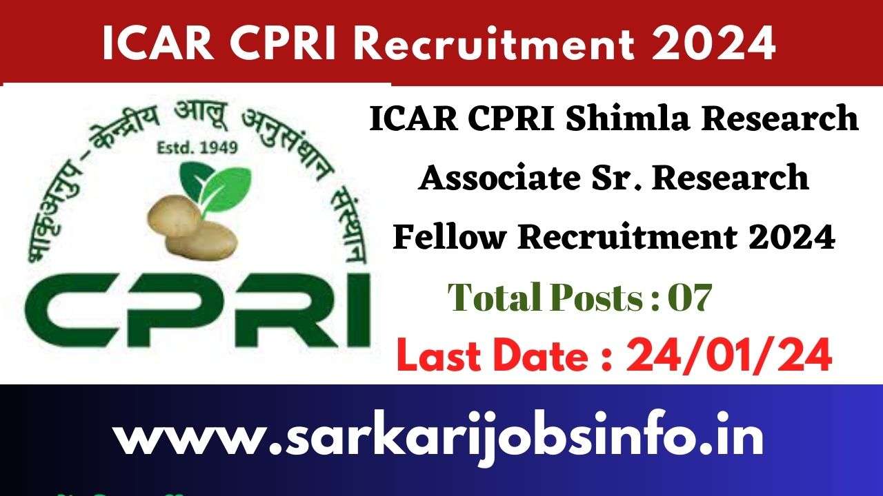 ICAR CPRI Shimla Research Associate Sr. Research Fellow Recruitment 2024