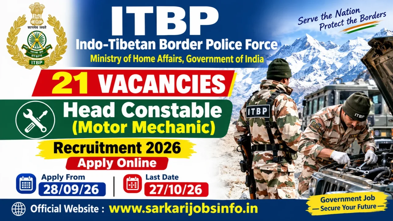 ITBP Head Constable Motor Mechanic Recruitment 2026 Apply Online For 21 Posts