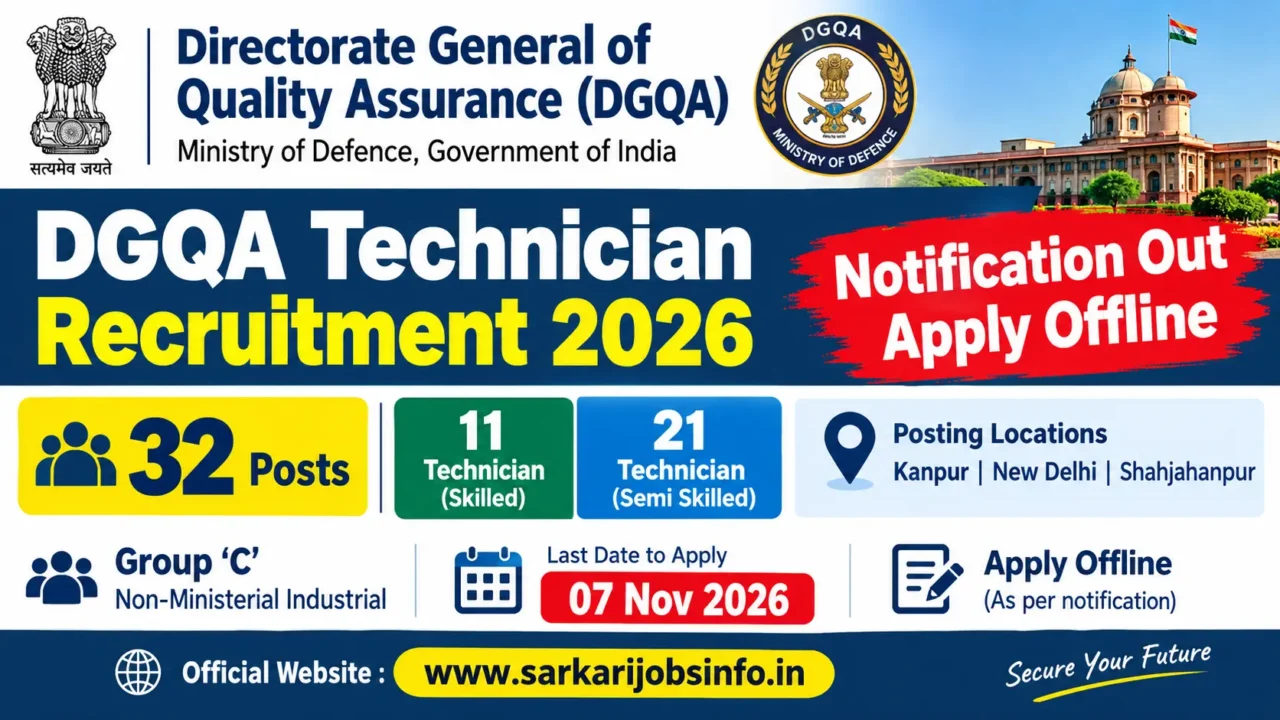 DGQA Technician Recruitment 2026 Notification Out Apply Offline 32 Posts