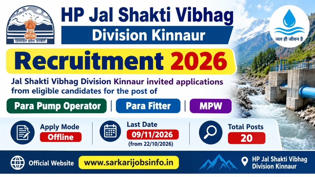 HP Jal Shakti Vibhag Kinnaur Recruitment 2026 Apply offline for 20 Posts