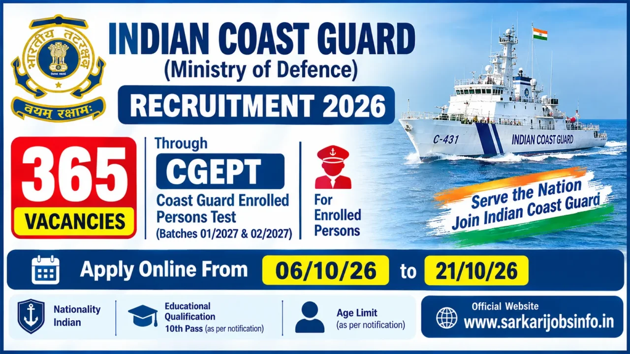 Indian Coast Guard Recruitment 2026 Notification Out Apply Online for 365 CGEPT Posts